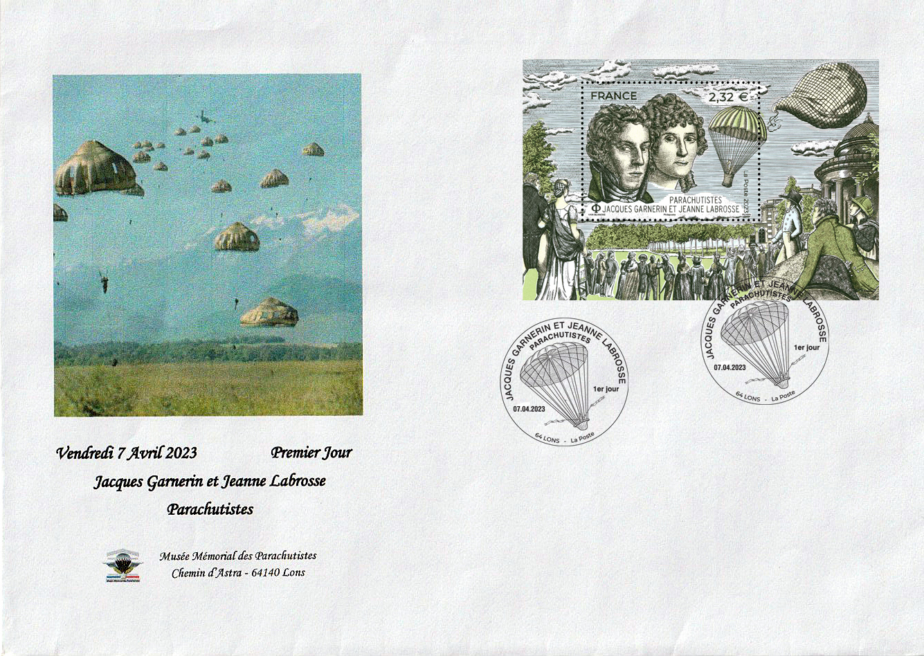 2023 04   Pionniers parachutisme   Enveloppe souvenir   Bloc TAD